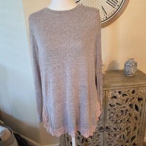 Gray and Pink Long Sleeve Crew Neck Cozy Long Sleeve Tunic Length Top With Lace